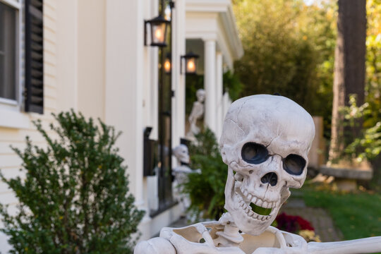 Halloween decorations at a home during theHaunted Happenings event held during the month of October in celebration of the town's history of witch trials and Halloween. 