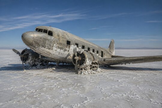 Abandoned vintage airplane wreck in snowy Arctic landscape. Old propeller aircraft fuselage resting on icy tundra under clear blue sky.