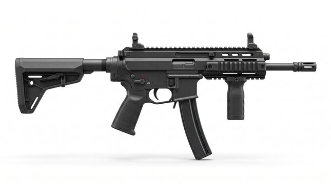 Modern black tactical submachine gun isolated on white background 3d render firearm concept