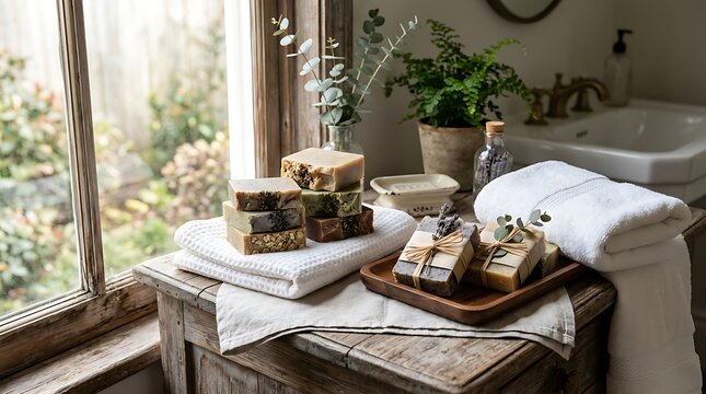Handmade organic bar soaps in a rustic bathroom setting