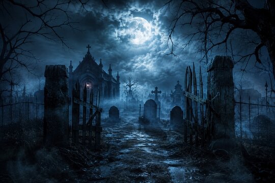 Haunted cemetery under full moon with abandoned gothic church