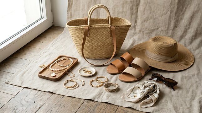 Collection of summer fashion accessories on a neutral linen cloth