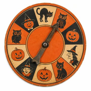 Halloween wall clock with black cats and pumpkins. Spooky timepiece featuring autumn icons and retro design for festive decor.