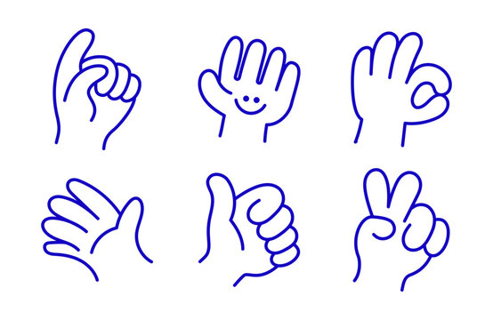 Vector set of icons and simple linear illustrations, hands and gestures, poster, logo, print design templates, hand drawn hands in minimal modern art style, stickers and patches