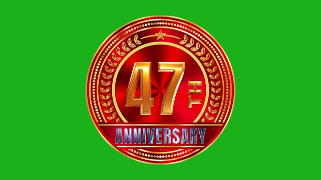 Shiny 47th Anniversary Metallic Gold Ring Badge with Deep Red Radial Texture and Vivid Studio Lights Green Screen 4k video