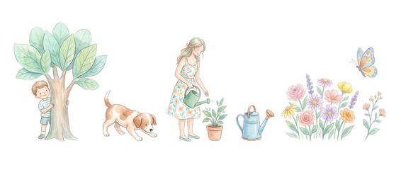 Naklejka premium Woman watering plants family garden set featuring boy behind tree, cute dog, colorful flowers, butterfly, watercolor style clipart element for spring outdoor gardening concept artwork design graphics