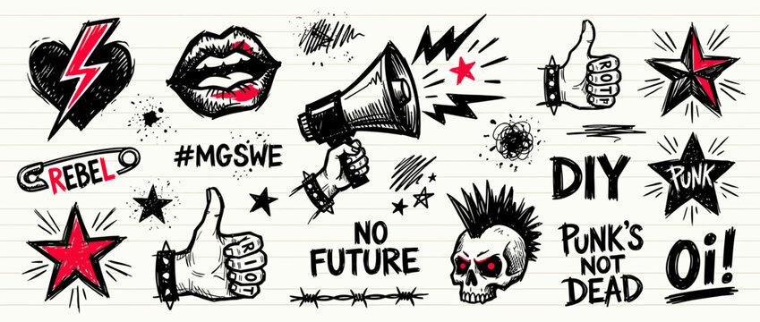 Hand-drawn punk rock icons and symbols on lined paper background