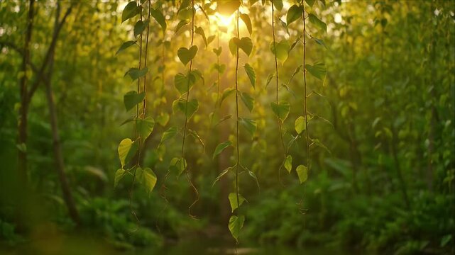 Green nature background forest vine leaf sunlight bokeh, green leaves forest sunlight nature background, green nature background forest leaves sunlight hanging vine lush canopy soft focus serene