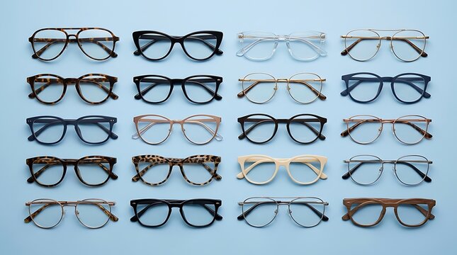 Collection of various stylish eyeglass frames on blue background
