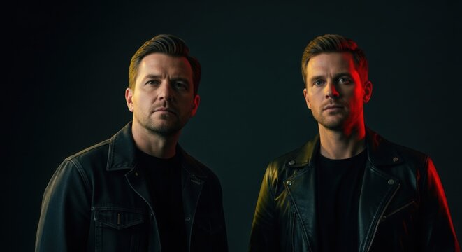 Two Men in Leather Jackets Perform in Dramatic Lighting