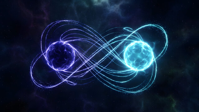 Glowing infinity symbol with intertwined energy lines and spheres representing eternal cosmic connection