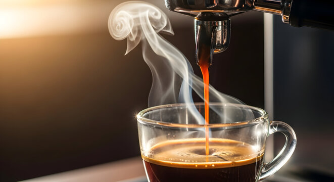 Steaming Hot Espresso Pouring into a Glass Cup with Gentle Aromatic Swirls in a Modern Kitchen Setting During Morning Brew