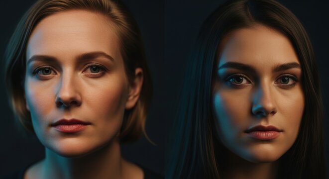 Two Women Faces Side by Side in Dramatic Lighting