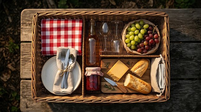 Top view of a packed wicker picnic basket with wine cheese and fruit