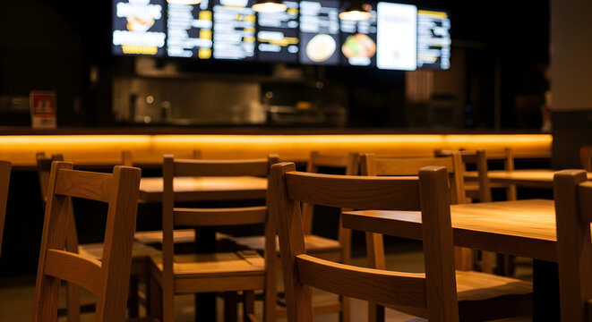 Empty Wooden Chairs in a Restaurant with Illuminated Menu Board and Warm Lighting Creating a Cozy Atmosphere for Dining and Social Gatherings