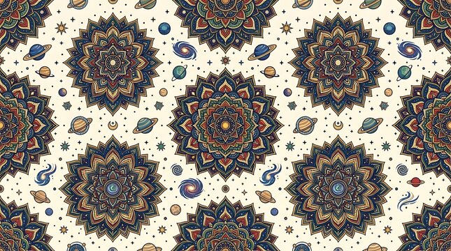 Seamless celestial mandala pattern with planets and stars