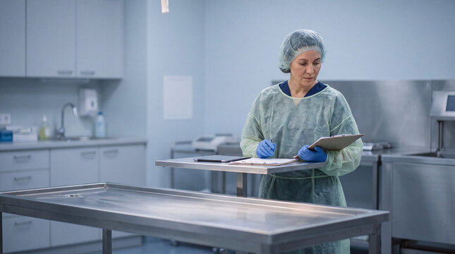 Forensic pathologist in protective gear taking notes beside an examination table in a morgue. Forensic science, pathology, medical examiner and autopsy investigation concept