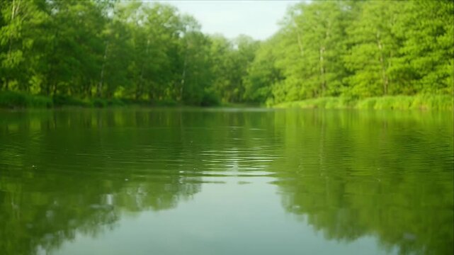 Green nature background with calm forest lake water reflection, tree and soft ripples in serene summer landscape, peaceful outdoor wetland with forest and water reflection