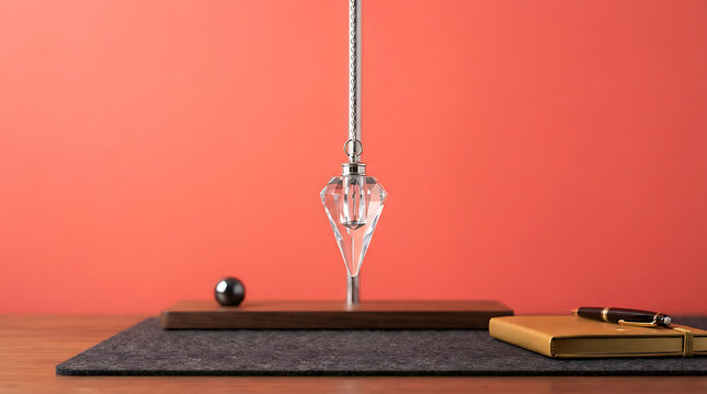 Clear crystal pendulum hanging above a wooden base with a notebook on a desk against a vibrant coral red wall