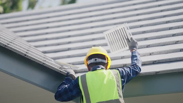 Professional technician installs photovoltaic equipment on a house roof, illustrating residential solar power, renewable electricity, sustainable technology, and green home improvement.