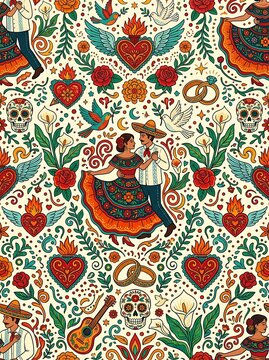 Mexican folk art pattern with dancers sugar skulls and sacred hearts