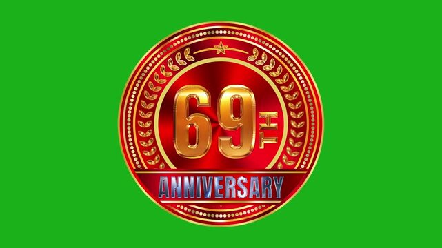 Deluxe 69th Anniversary Metallic Gold Ring Badge with Crimson Red Center Texture and Glowing Studio Highlights Green Screen 4k video