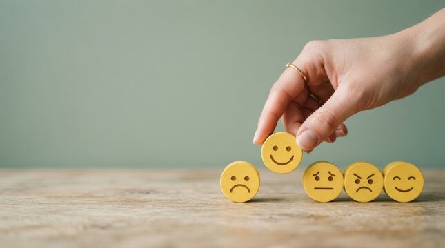 A hand selecting a happy face wooden block among sad ones to represent positive mindset and emotional support for world mental health day awareness campaign