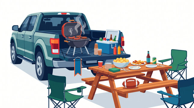 Tailgate Party Setup with Pickup Truck Grill and Picnic Table