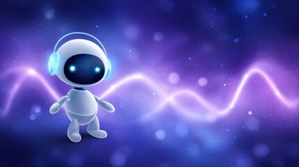 Fototapeta premium A cute futuristic robot wearing glowing headphones stands against a cosmic purple background with light waves and stars.