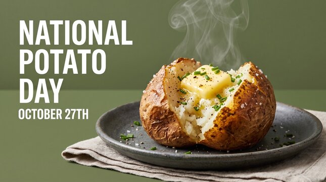 National Potato Day October 27th banner, steaming baked potato with melting butter and chives, rustic food photography for social media