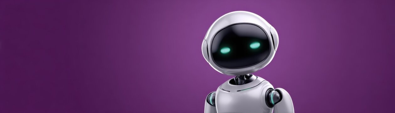 A sleek, white robot with glowing blue eyes stands against a purple background, showcasing futuristic, humanoid robotic design.