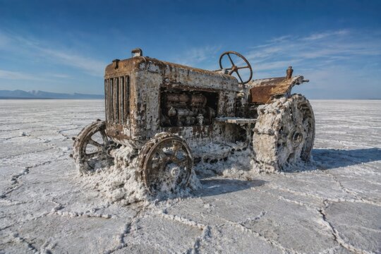 Abandoned vintage tractor in snowy field under clear blue sky. Rustic old farm machinery left in winter landscape for restoration or photography ba...