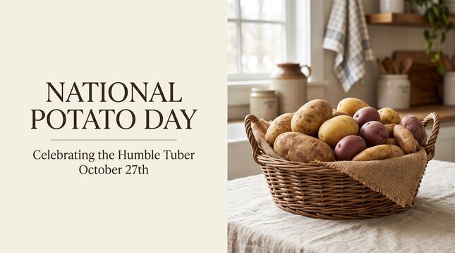 National Potato Day graphic with fresh tubers in wicker basket, rustic kitchen background for October 27th celebration, organic vegetable harvest