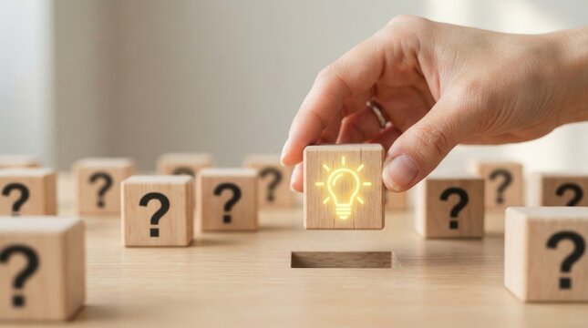 A hand placing a wooden block with a lightbulb icon among question marks for world mental health day representing finding solutions and mental clarity concepts