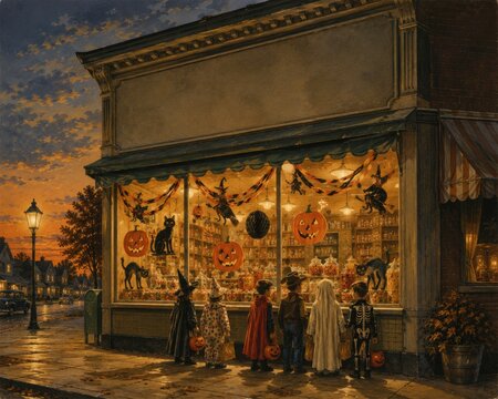Vintage costume party outside boutique at dusk. Group of friends in historical evening wear posing under warm shop lights.