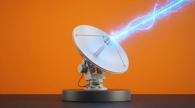Satellite dish antenna receiving a bright blue signal beam against a solid orange background