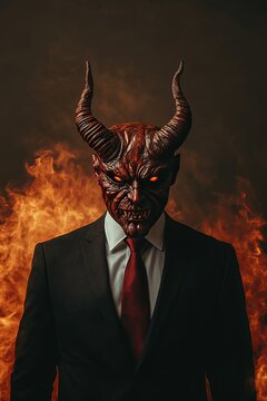Devil masked businessman wearing suit and necktie standing before a dramatic background of flames.