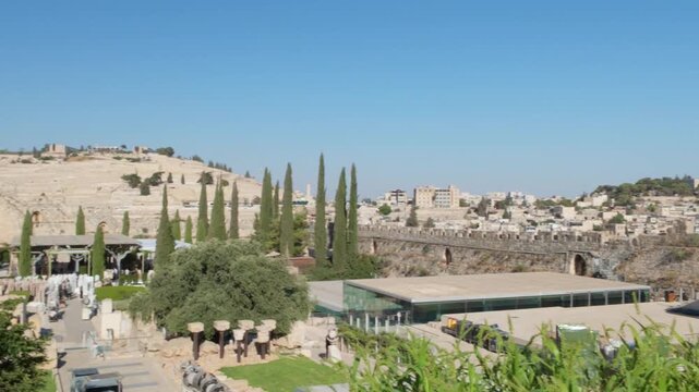 Jerusalem old city walls and al aqsa mosque panning shot
