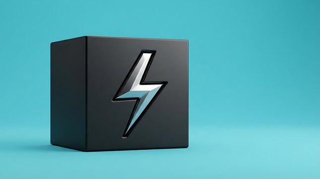 Black cube with a glowing pixel art lightning bolt symbol on a blue background representing energy power and digital technology concept in a modern 3d render style for web and graphic design