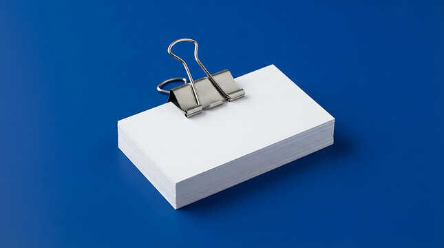 A stack of white paper sheets held together with a silver metal binder clip on a dark blue background for office document organization and business stationery design projects