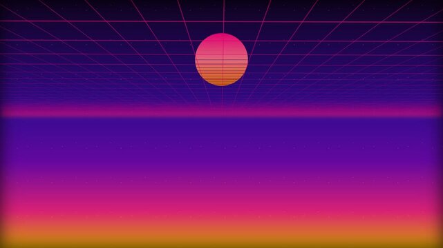 Vibrant 1980s synthwave retro background loop featuring a glowing neon sun, digital wireframe grid ceiling, horizontal scanlines, and a purple magenta sunset horizon in a wide perspective angle.