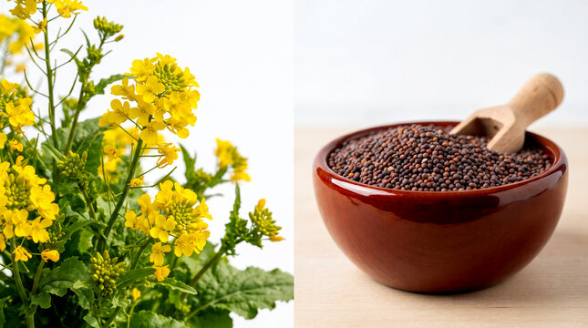 organic brown dry Mustard Seeds in bowl, fresh mustard plant with flower and seeds pod at side, white background, copy space