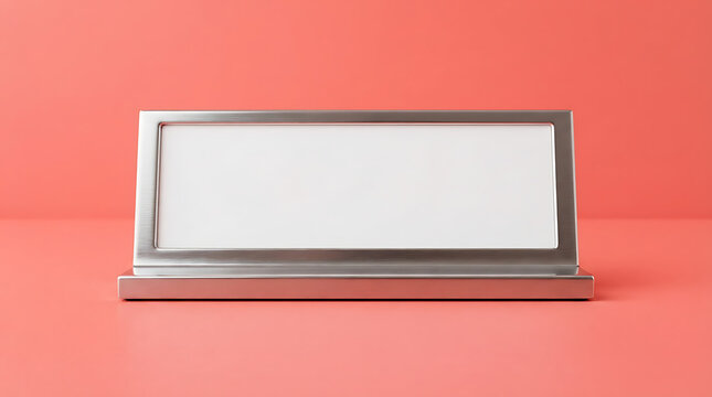Empty silver name plate on a desk with a coral pink background for office branding and professional identification signage design