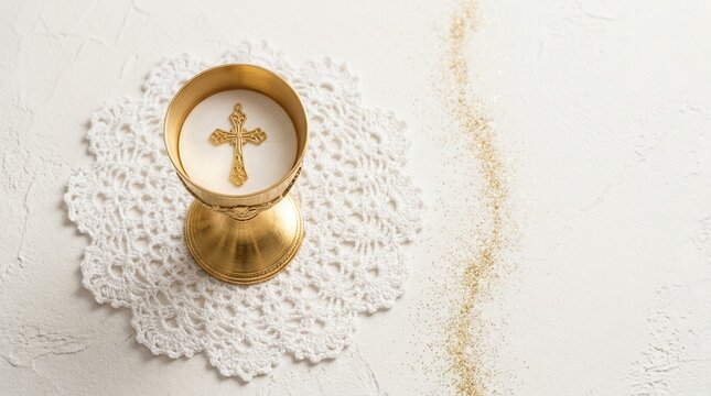 Golden chalice with cross on lace for first communion invitation religious symbol.