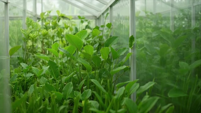 Green nature background in greenhouse with lush plant leaves, soft light, fresh calm garden scene, glass interior, foliage, growth, bright spring home environment