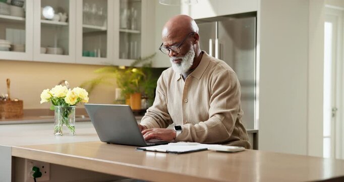 Senior, laptop and black man with finance in home for budget planning or asset management. Elderly, male person or typing with computer for financial investment, expenses or mortgage bills in house