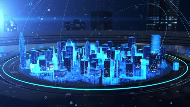 Blue high-tech holographic 3D city model, holographic city model with glowing blue digital connections and data overlays, presented on a circular platform, advanced urban technology and connectivity.