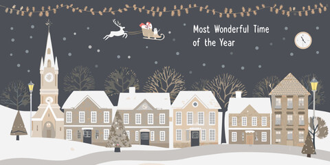Winter village illustration with snow covered houses and reindeer sleigh © Tapash