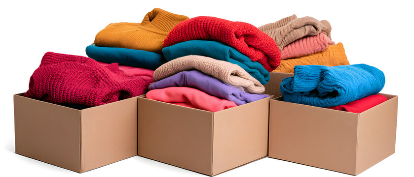 Cardboard boxes containing folded, brightly colored sweaters, set against a clear backdrop