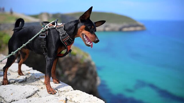 Miniature Pinscher Puppy Sitting on a Sandy Coastal Cliff Overlooking the Atlantic Ocean During a Summer Heatwave